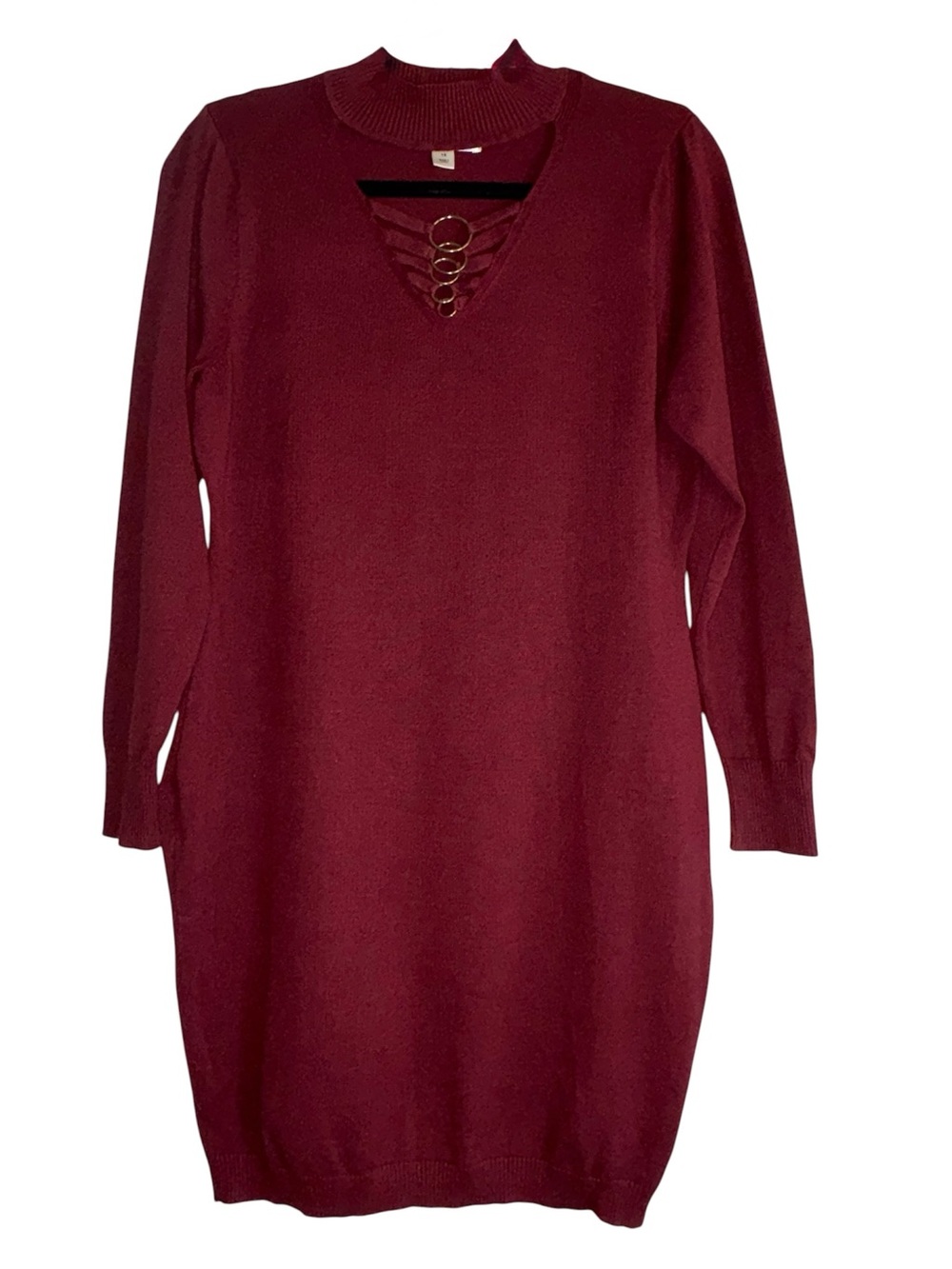 Say What? Burgundy Long Sleeve Knit Dress with Ring Detail
